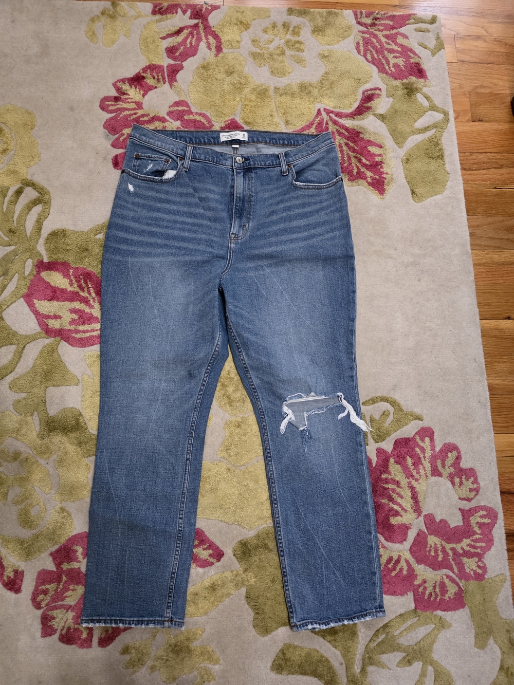 Abercrombie & Fitch Curve Love Mid-Blue Distressed Straight Jeans